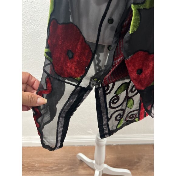 Vintage 1990s Blast Shirt XL Black Velour Floral Artsy Sheer Silk Button Up - Picture 6 of 15